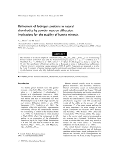 Refinement of Hydrogen Positions in Natural Chondrodite by Powder Neutron Diffraction: Implications for the Stability of Humite Minerals