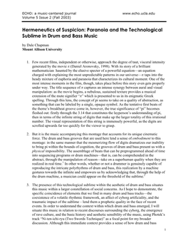 Hermeneutics of Suspicion: Paranoia and the Technological Sublime in Drum and Bass Music by Dale Chapman Mount Allison University