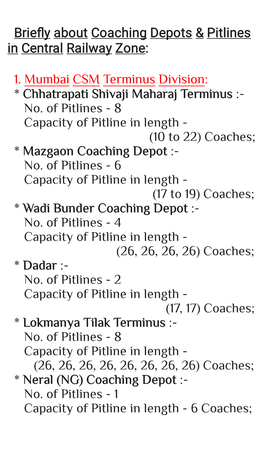 Briefly About Coaching Depots & Pitlines in Central Railway Zone: 1