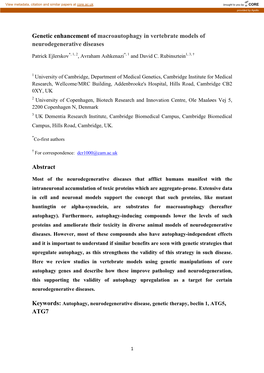 Genetic Enhancement of Macroautophagy in Vertebrate Models of Neurodegenerative Diseases