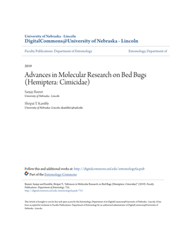Advances in Molecular Research on Bed Bugs (Hemiptera: Cimicidae) Sanjay Basnet University of Nebraska - Lincoln