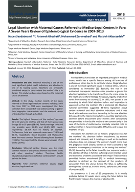 Legal Abortion with Maternal Causes Referred to Medico-Legal Centers in Fars: a Seven Years Review of Epidemiological Evidence I