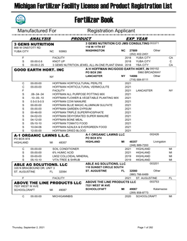 Michigan Fertilizer Facility License and Product Registration List Fertilizer Book Manufactured for Registration Applicant