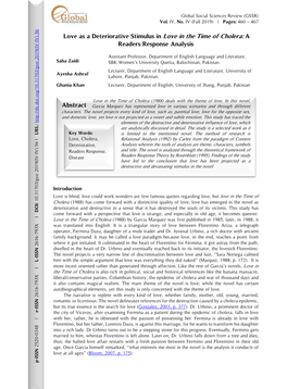 Love As a Deteriorative Stimulus in Love in the Time of Cholera: a IV).56 - Readers Response Analysis