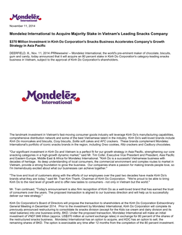 Mondelez International to Acquire Majority Stake in Vietnam's Leading Snacks Company