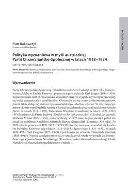 Polityka Wyznaniowa W Myśli Austriackiej Partii Chrześcijańsko-Społecznej  37