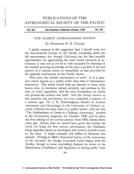 PUBLICATIONS of the ASTRONOMICAL SOCIETY of the PACIFIC Vol. XLI San Francisco, California, October, 1929 No. 243 the OLDEST