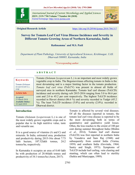 Survey for Tomato Leaf Curl Virus Disease Incidence and Severity in Different Tomato Growing Areas of Northern Karnataka, India