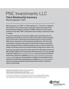 PNC Investments LLC Client Relationship Summary Effective September 17, 2021