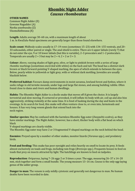 Rhombic Night Adder Causus Rhombeatus OTHER NAMES Common Night Adder (E) Gewone Nagadder (A) Nyoka Yasebusuku (Z) Unomofuthwana (X)