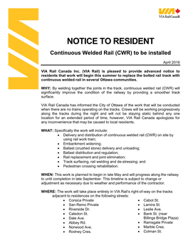 NOTICE to RESIDENT Continuous Welded Rail (CWR) to Be Installed