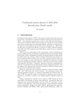 Condensed Matter Physics I: 2015-2016 Introduction, Drude Model