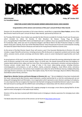 PRESS RELEASE Friday, 28Th October 2017 for Immediate Release