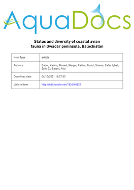 Status and Diversity of Coastal Avian Fauna in Gwadar Peninsula, Balochistan