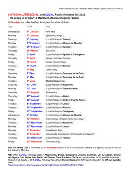 NATIONAL/REGIONAL and LOCAL Public Holidays for 2020