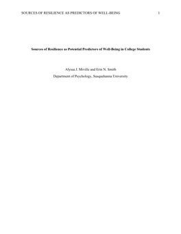 Sources of Resilience As Predictors of Well-Being 1