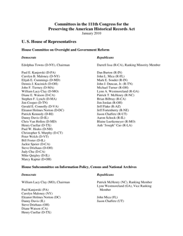 Committees in the 111Th Congress for the Preserving the American Historical Records Act January 2010