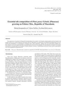 Essential Oils Composition of Pinus Peuce Griseb. (Pinaceae) Growing on Pelister Mtn., Republic of Macedonia