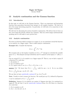 Topic 13: Analytic Continuation and the Gamma Function