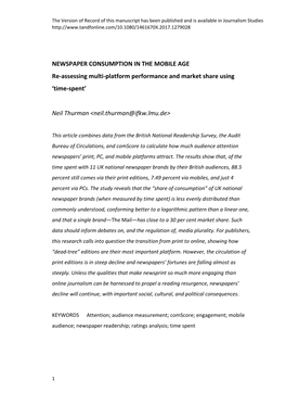 NEWSPAPER CONSUMPTION in the MOBILE AGE Re-Assessing Multi-Platform Performance and Market Share Using ‘Time-Spent’