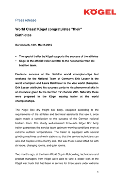Press Release World Class! Kögel Congratulates "Their" Biathletes
