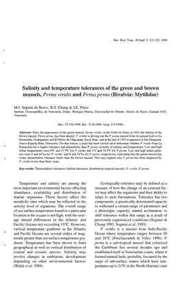 Salinity and Temperature Tolerances of the Green and Brown Mussels, Perna Viridis and Perna Perna (Bivalvia: Mytilidae)