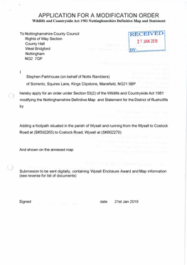 APPLICATION for a MODIFICATION ORDER Wildlife and Countryside Act 1981 Nottinghamshire Definitive Map and Statement