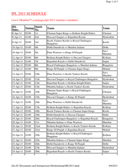 Ipl 2011 Schedule