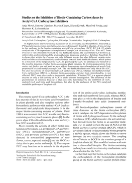 Studies on the Inhibition of Biotin-Containing Carboxylases by Acetyl-Coa Carboxylase Inhibitors