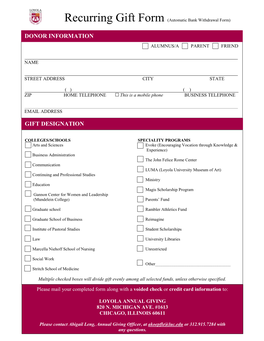 Recurring Gift Form (Automatic Bank Withdrawal Form)