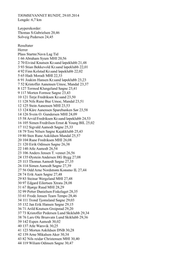 TJOMSEVANNET RUNDT, 29.05.2014 Lengde: 6,7 Km Løyperekorder: Thomas S.Gabrielsen 20,46 Solveig Pedersen 24,45 Resultater Herrer