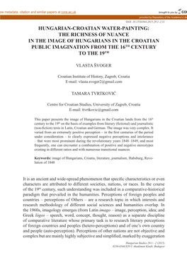 Hungarian-Croatian Water-Painting: the Richness of Nuance in the Image of Hungarians in the Croatian Public Imagination from the 16Th Century to the 19Th