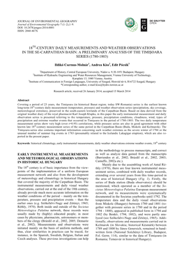 Century Daily Measurements and Weather Observations in the Se-Carpathian Basin: a Preliminary Analysis of the Timişoara Series (1780-1803)