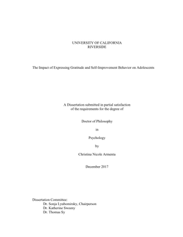 UNIVERSITY of CALIFORNIA RIVERSIDE the Impact of Expressing Gratitude and Self-Improvement Behavior on Adolescents a Dissertati