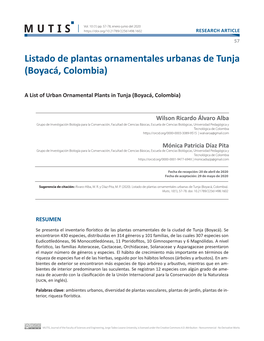 Listado De Plantas Ornamentales Urbanas De Tunja (Boyacá, Colombia)