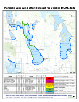 Manitoba Lake Wind Effect Forecast for October 10 AM, 2020