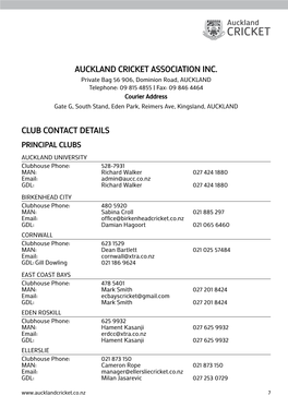 Auckland Cricket Association Inc. Club Contact Details