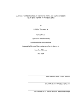 LEARNING from DIFFERENCES in the UNITED STATES and UNITED KINGDOM HEALTHCARE SYSTEMS to AVOID DISASTER by K. Adrian Thompson