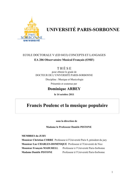 Francis Poulenc Et La Musique Populaire