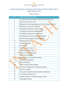 Listing- Documentation of Heritage Sites Srikakulam District Chapter, Part-I, Andhra Pradesh, 2012