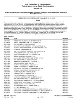 U.S. Department of Transportation Federal Motor Carrier Safety Administration REGISTER