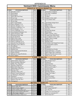 Vermont DOC Commissary Menu