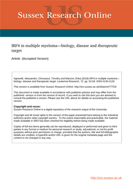 IRF4 in Multiple Myeloma—Biology, Disease and Therapeutic Target