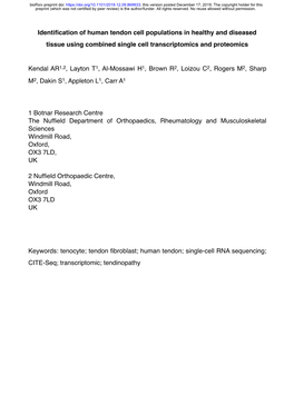 Identification of Human Tendon Cell Populations in Healthy and Diseased Tissue Using Combined Single Cell Transcriptomics and Pr