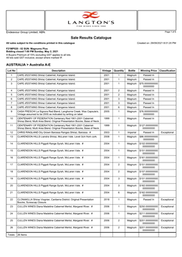 Sale Results Catalogue All Sales Subject to the Conditions Printed in This Catalogue Created On: 29/09/2021 8:01:20 PM