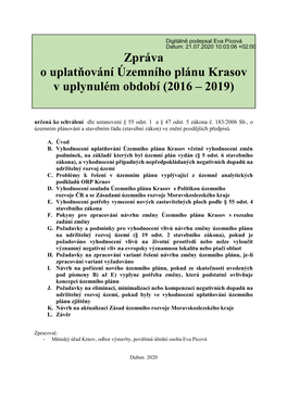 Zpráva O Uplatňování Územního Plánu Krasov V Uplynulém Období (2016 – 2019)