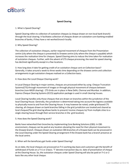 Speed Clearing Refers to Collection of Outstation Cheques (A Cheque Drawn on Non-Local Bank Branch) Through the Local Clearing