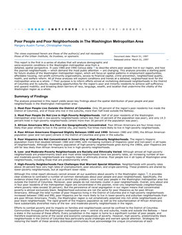 Poor People and Poor Neighborhoods in the Washington Metropolitan Area Margery Austin Turner, Christopher Hayes