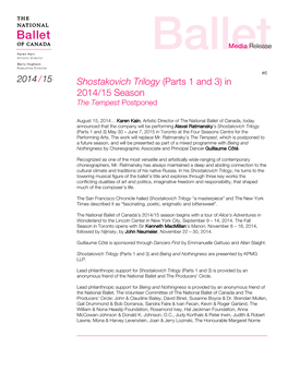 Shostakovich Trilogy (Parts 1 and 3) in 2014/15 Season the Tempest Postponed
