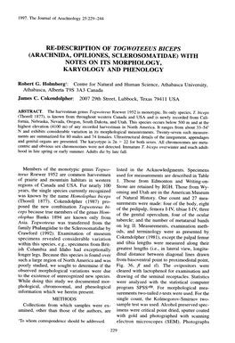 Arachnida, Opiliones, Sclerosomatidae) Wit H Notes on Its Morphology, Karyology and Phenolog Y